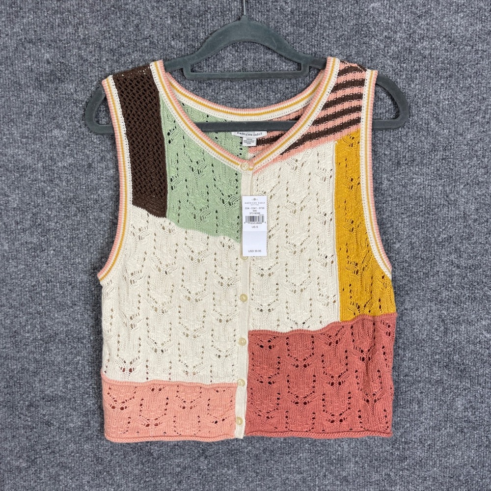 NEW American Eagle Sweater Vest Small Multicolor NWT Patchwork Pointelle Knit